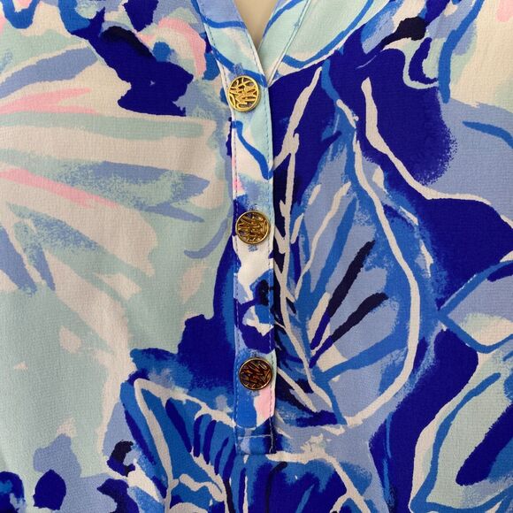 Lilly Pulitzer Top Womens Medium Silk Floral Blue Tang Flocking Fabulous NWOT - Picture 5 of 14